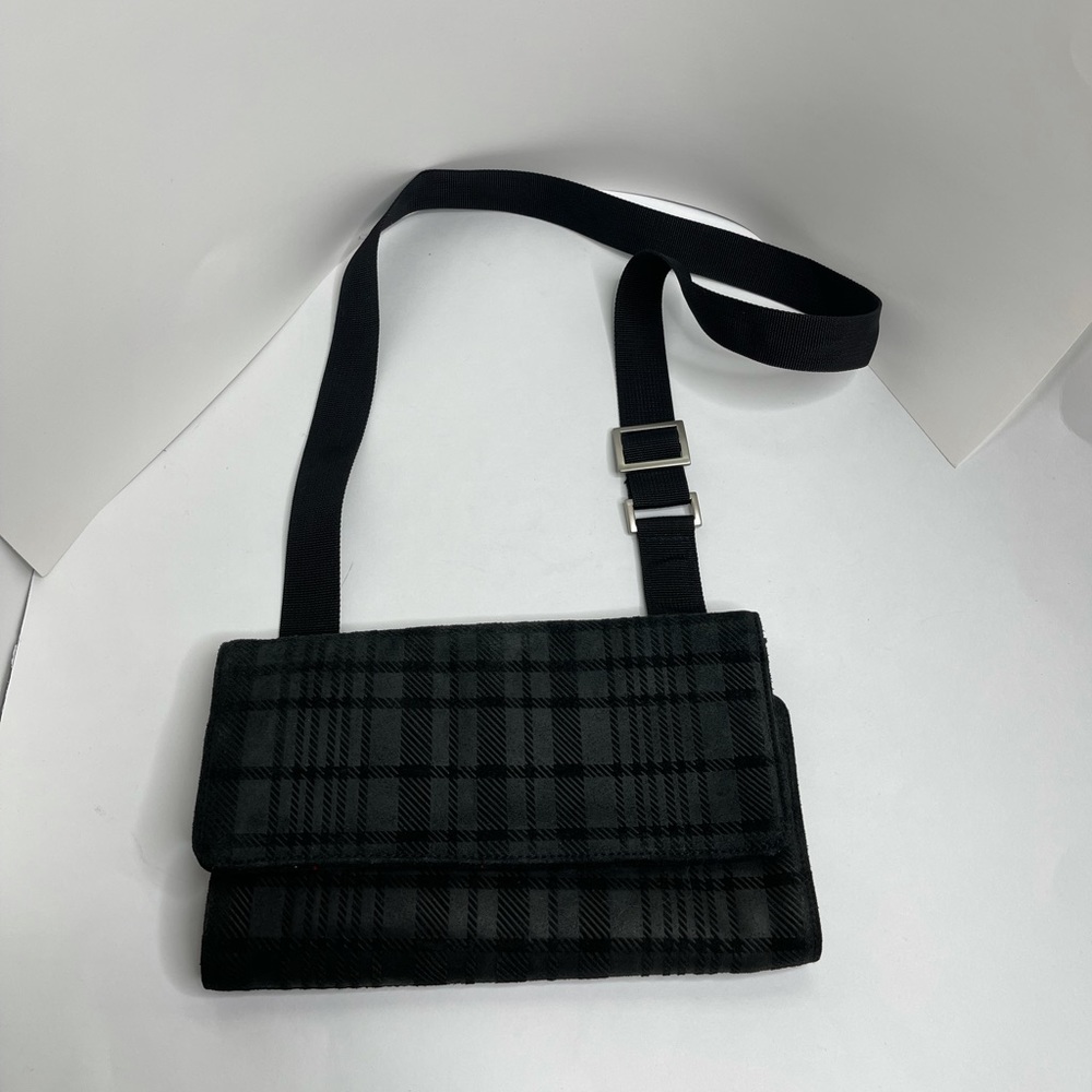 J.Crew Plaid Leather Fold Over Crossbody Purse Black Gray Red Holiday